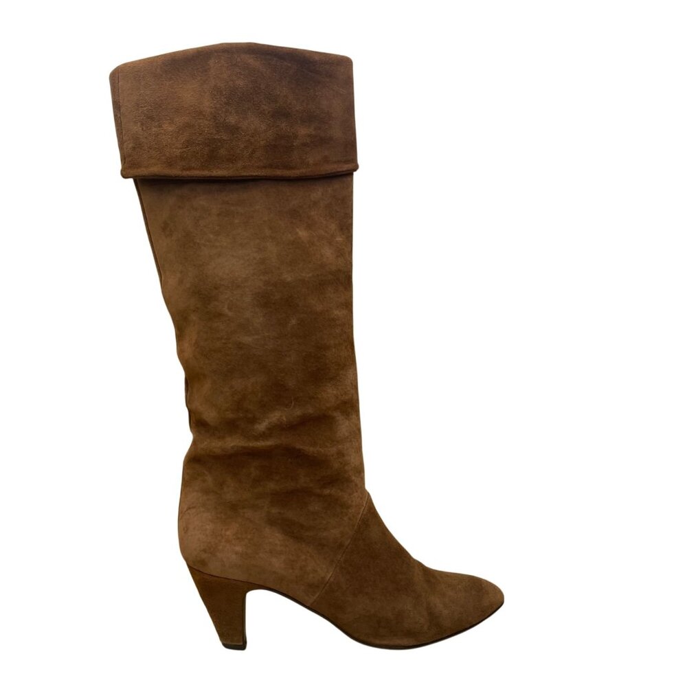 Nina Women’s Brown Suede Fold Over Knee High Heeled Boots Size 7.5